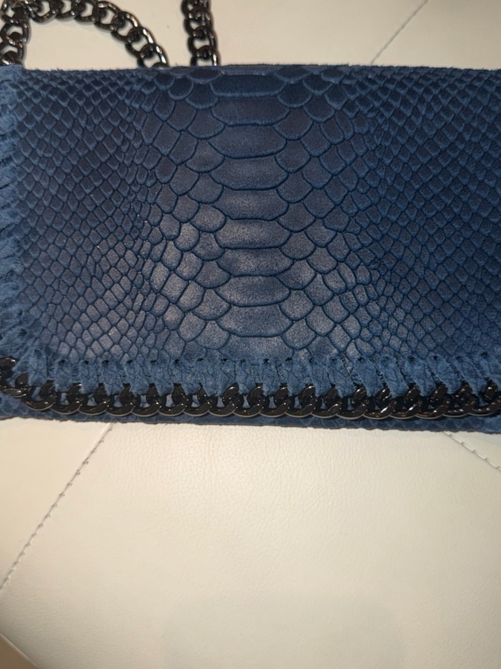 Structured Blue Python-Embossed Chain Crossbody Bag